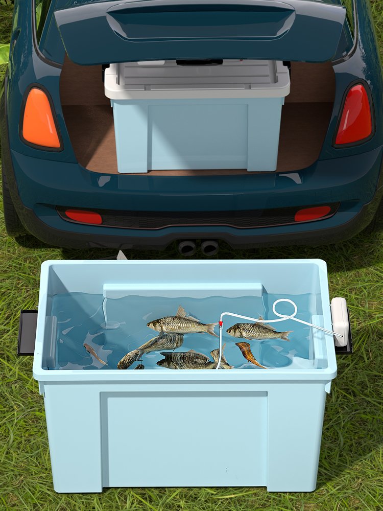 A combination of live buckets and transparent and aerobic pumped fish to protect fishing gear in a barreled field
